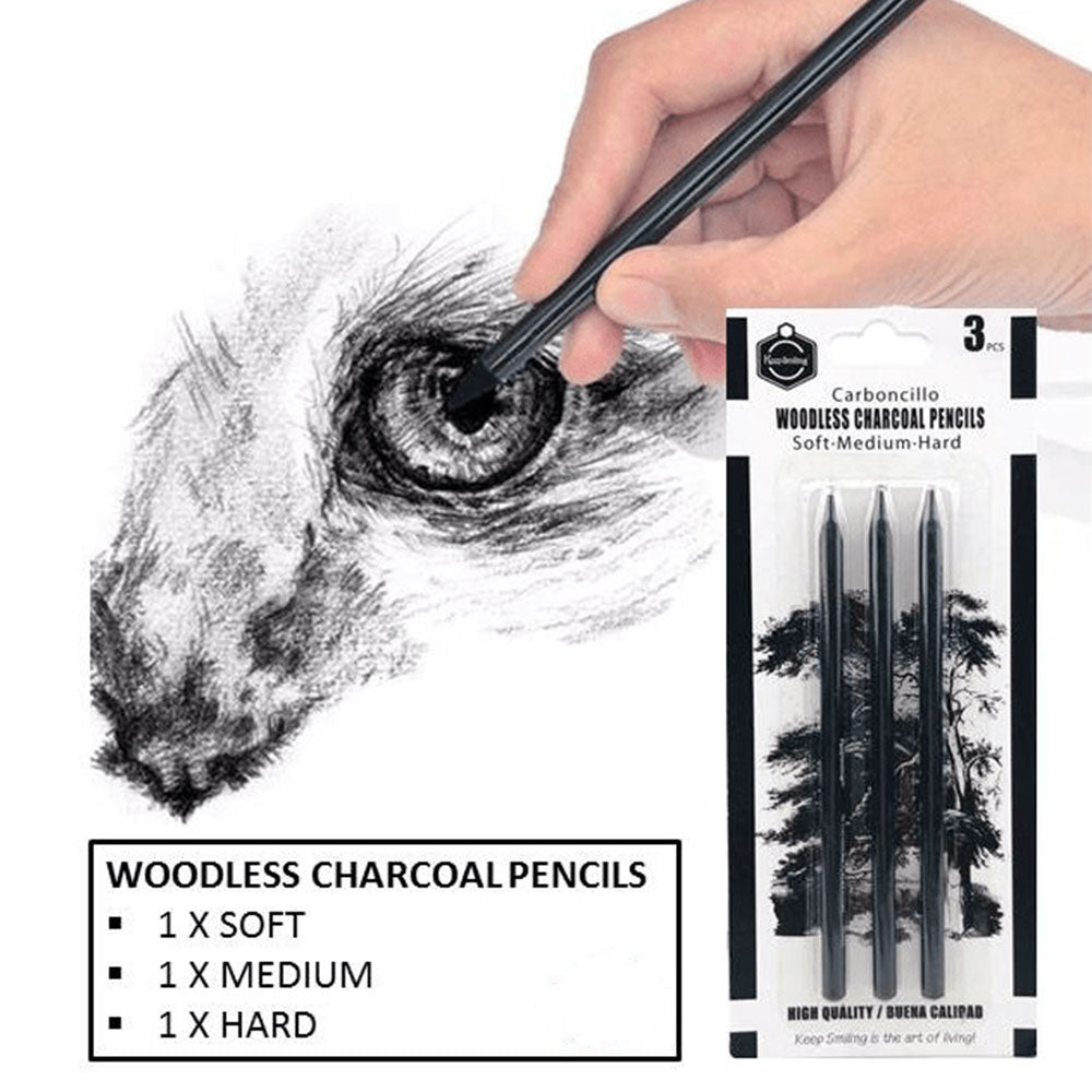 Keep Smiling - 3 pcs Woodless Charcoal Pencil Set (Black)