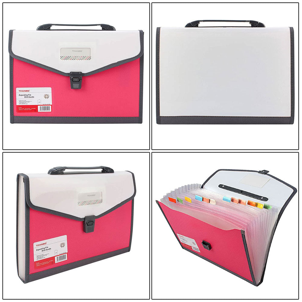 Tranbo Plastic Expanding Bag File Folder With 13 Section Pockets - Pink