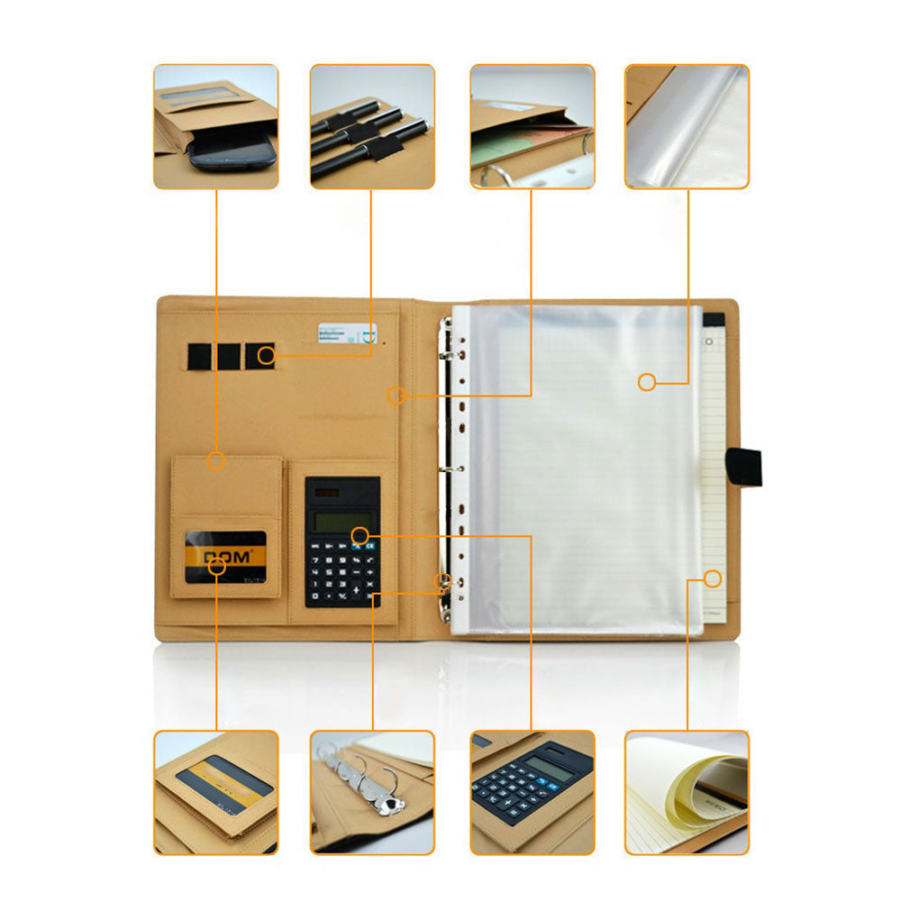 Brown - 8 Pockets File Folder A4 Pu Ring Binder Display Notebook Folders With Calculator Document Bag Organizer