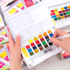 Superior 24 Colors Solid Watercolor Transparent Paints With Two Painting Brushes With Palette And Sponge In Box Set