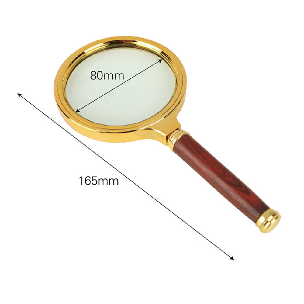10X 80Mm Diameter Reading Magnifying Glass Gold-Plated Metal Dia With Wood Handle Magnifier Glass