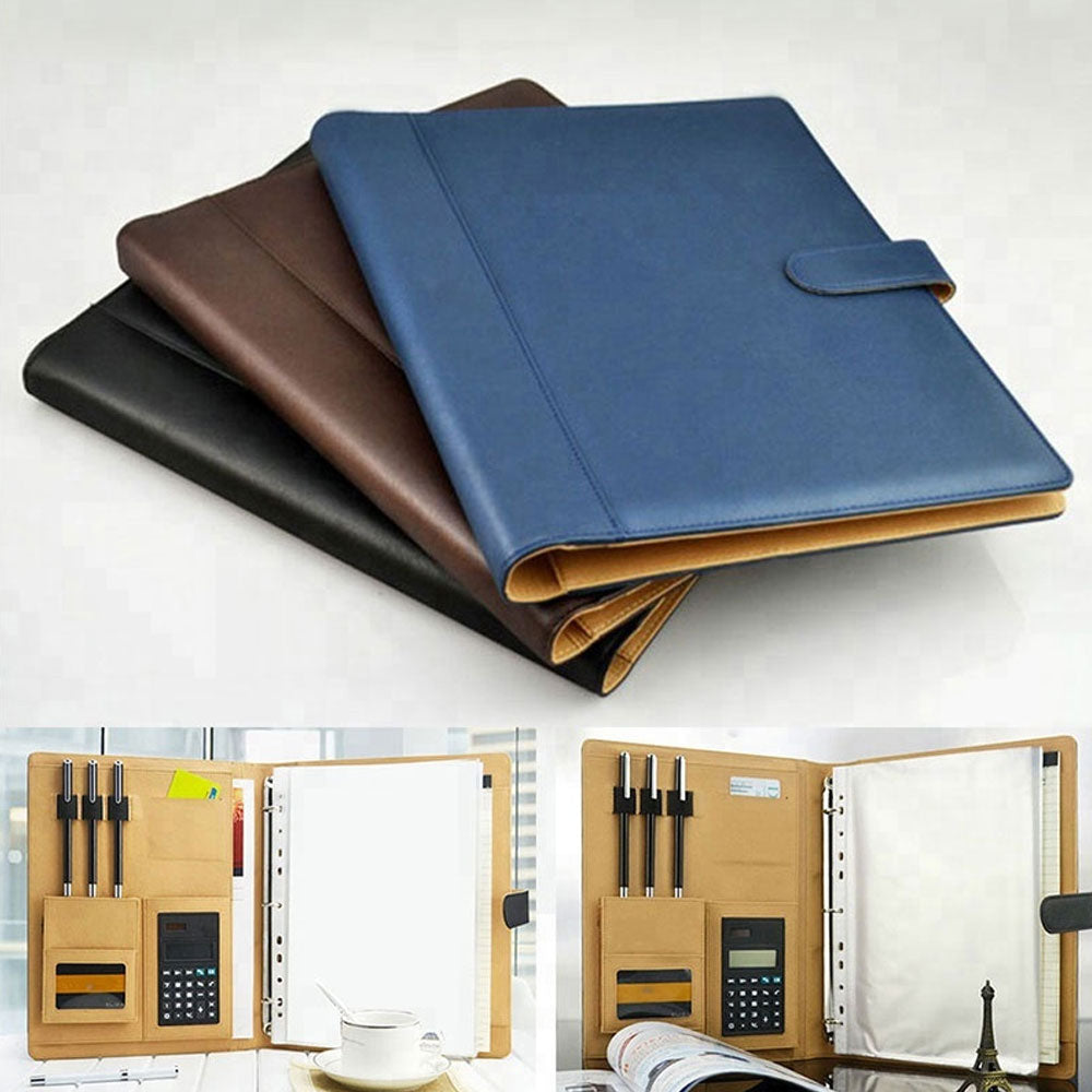 Black - 8 Pockets File Folder A4 Pu Ring Binder Display Notebook Folders With Calculator Document Bag Organizer