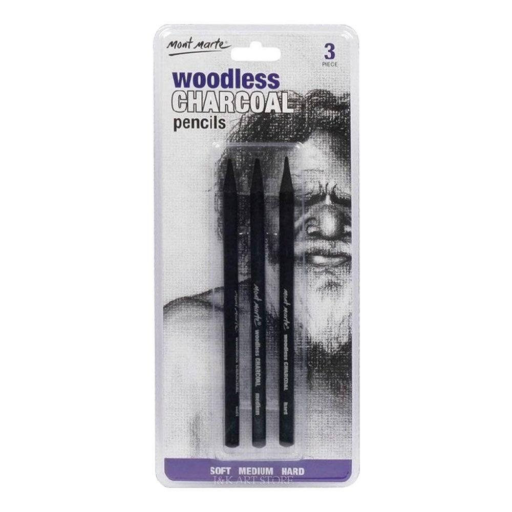 Pack Of 2 - 3 Pcs White Charcoal Pencils And Mont Marte 3 Pieces Set Woodless Charcoal Pencils