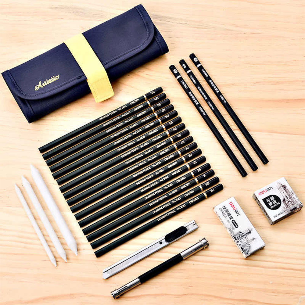 27pcs Professional Sketch and Drawing pencils set kit in fabric pouch