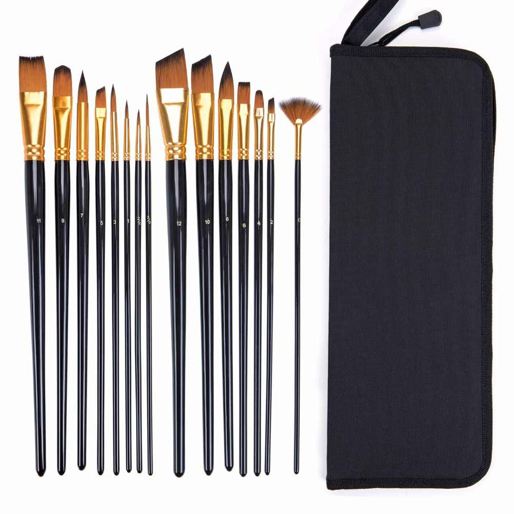 15Pcs Multi Shapes Artist Paint Brush Set Watercolour Acrylic Nylon Hair Oil Painting Supply In Fabric Pouch With Zip Lock