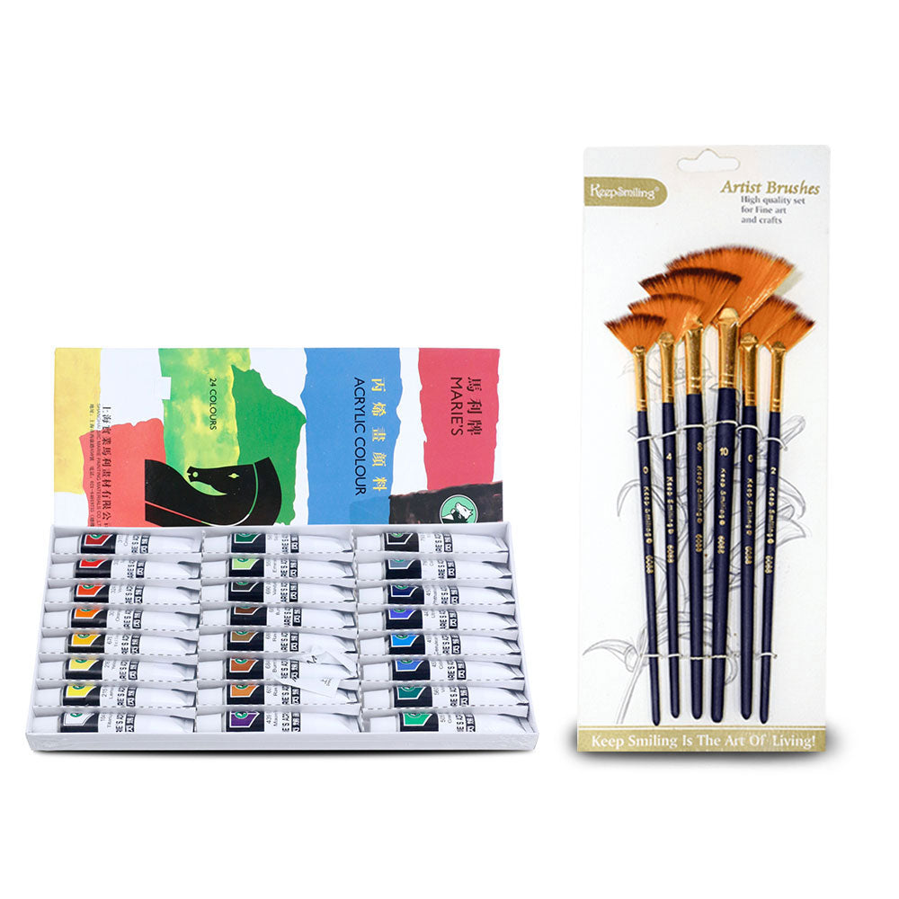 Pack Of 2 -Bristol Hairs Paint Brushes - 5 Pcs And Acrylic Paints 24 Colour