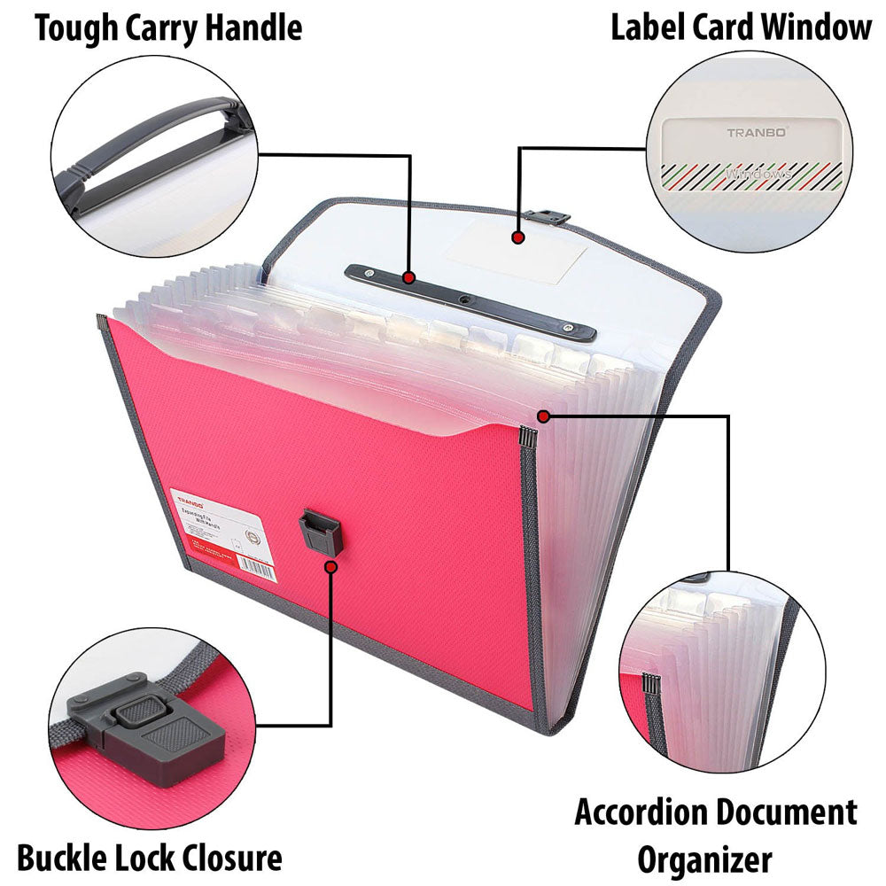 Tranbo Plastic Expanding Bag File Folder With 13 Section Pockets - Pink