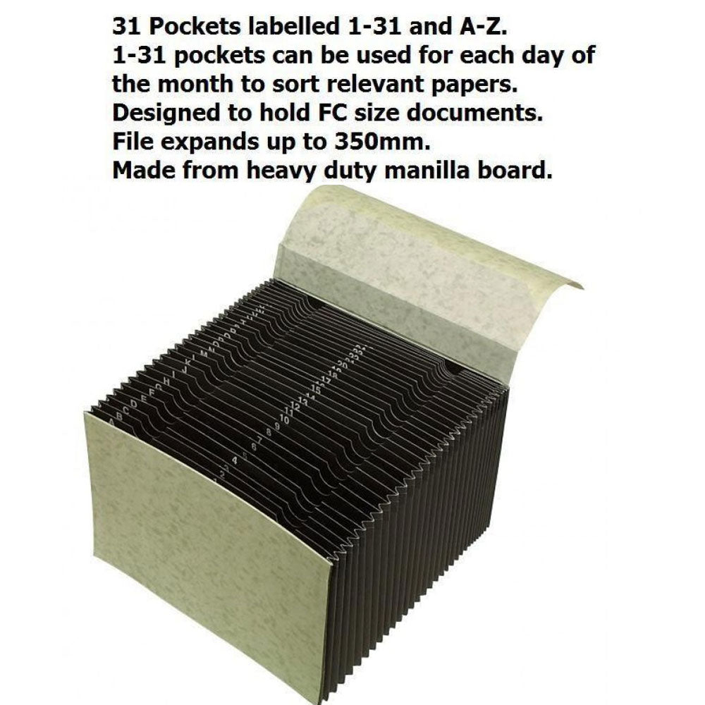 Expanding Bag File 31 Pockets Labelled 1-31 And A-Z Manilla Marbig 90058 Fc Size Expansion File Index