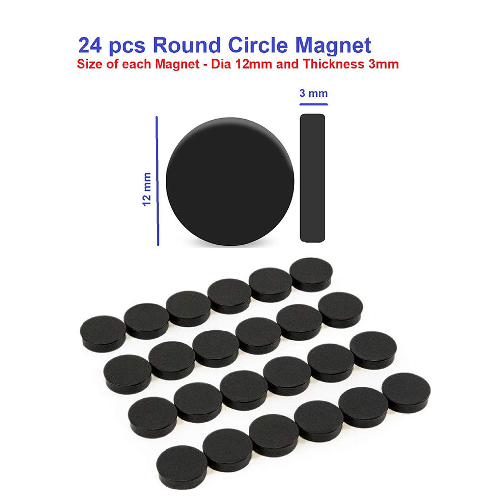 24Pcs - 12Mm and 30mm Dia Black Round Circle Magnets Perfect As Whiteboards, Lockers, Fridge Magnets & For Educational Purpose