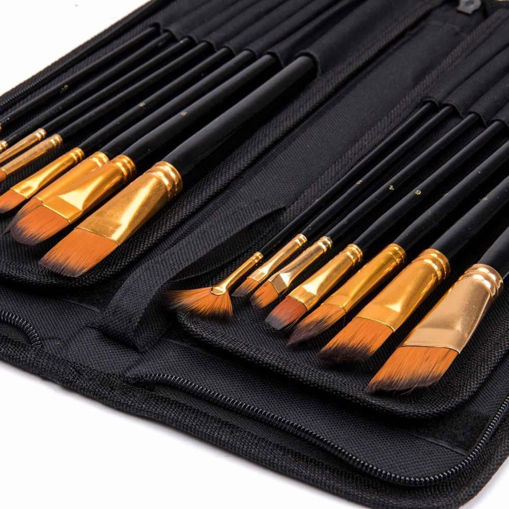 15Pcs Multi Shapes Artist Paint Brush Set Watercolour Acrylic Nylon Hair Oil Painting Supply In Fabric Pouch With Zip Lock