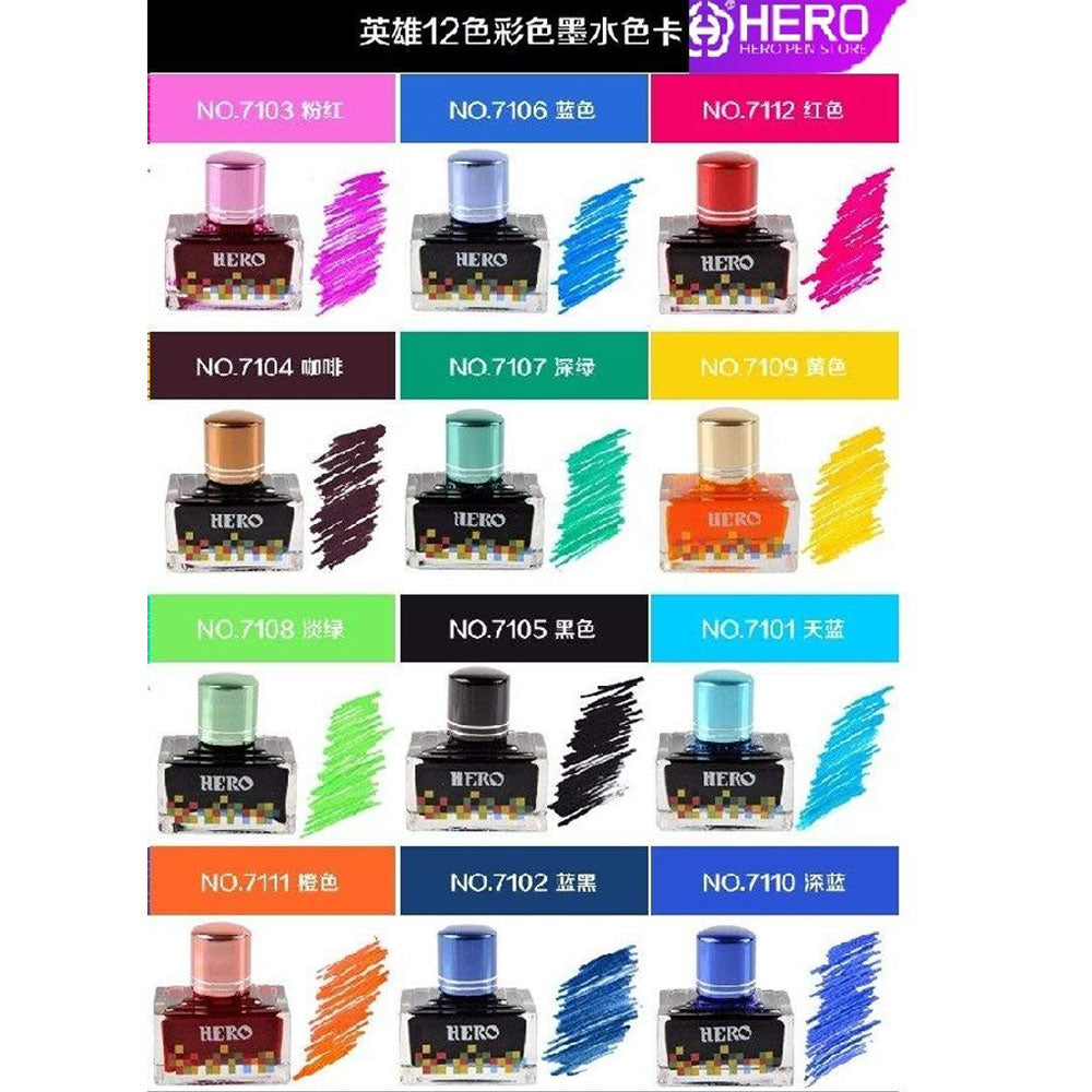 12Pcs - Hero 7100 Different Color Calligraphy Ink 40Ml Each Bottle