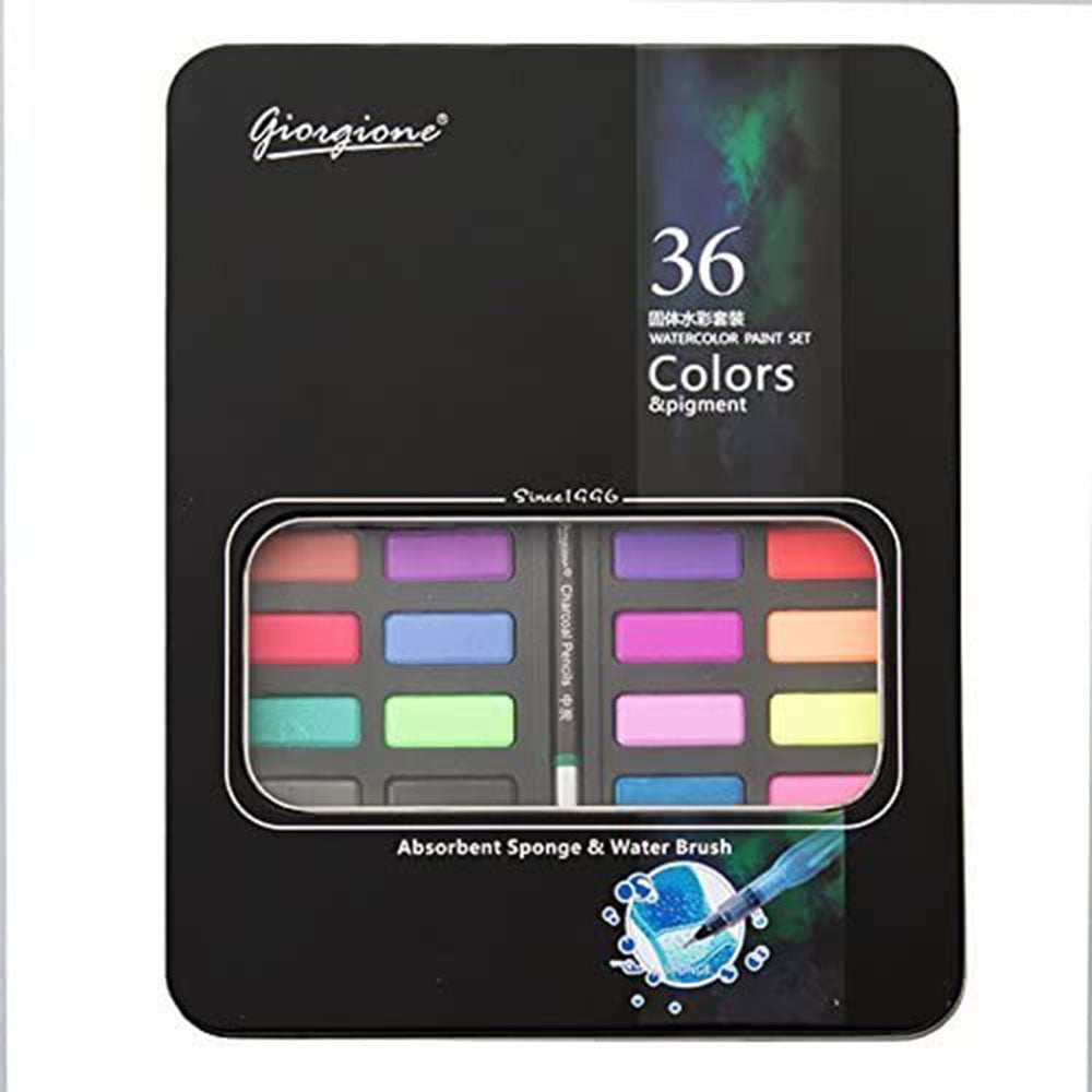 W-3600 Giorgione 36 Colors Solid Watercolor Paints With Painting Brush In Sponge Tin Box