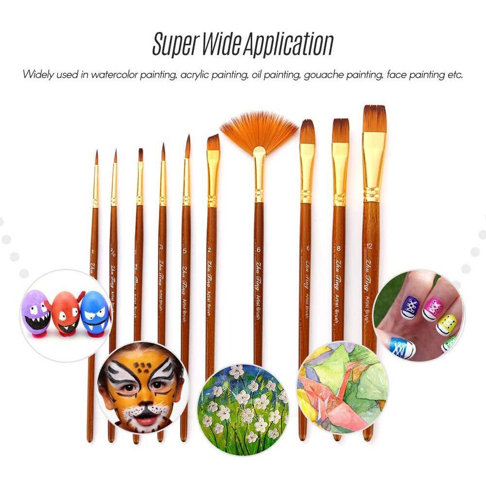 Pack of 10 Multi Shapes High Quality Nylon Professional Art Brush Set