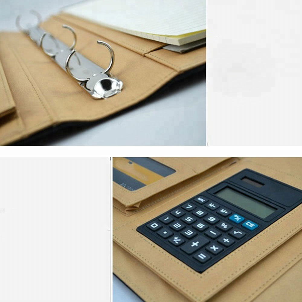 Black - 8 Pockets File Folder A4 Pu Ring Binder Display Notebook Folders With Calculator Document Bag Organizer