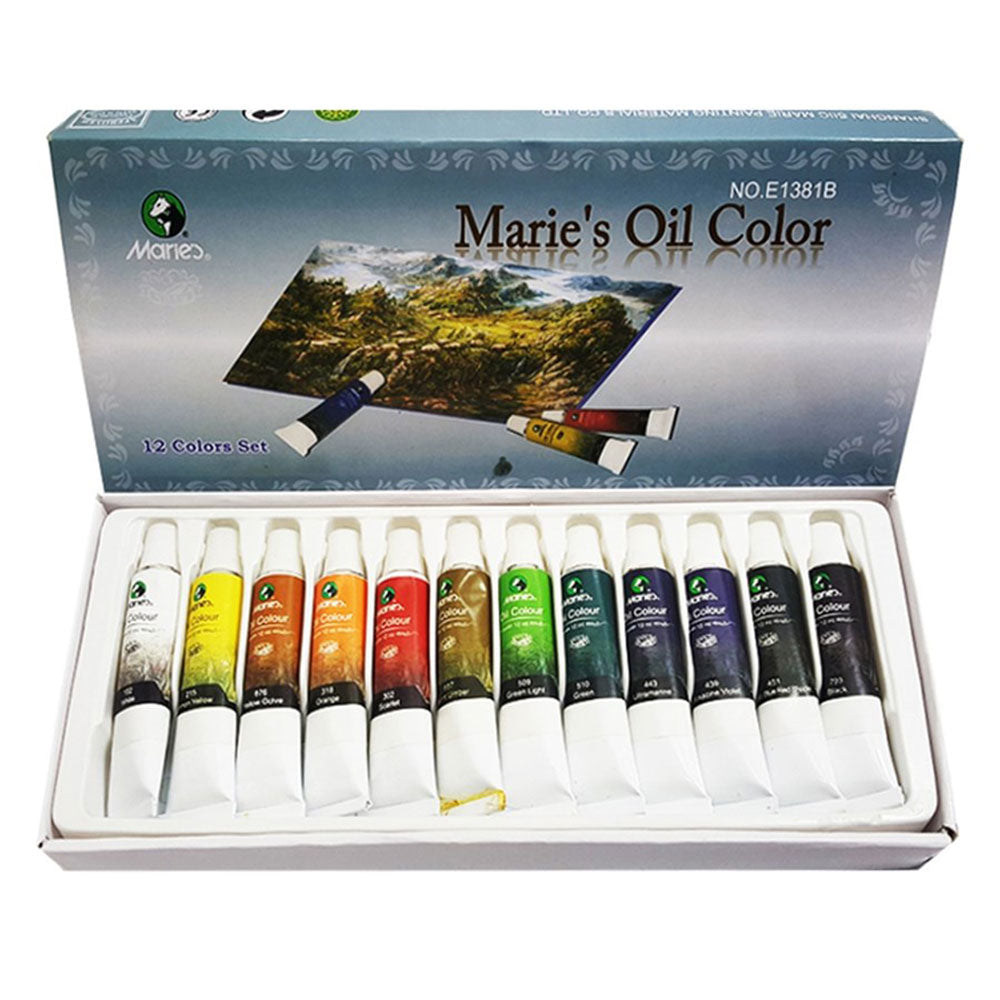 26 Pcs Deal Set - Marie's Oil Color 12 Tubes Small Mixing Plate 10 Pc Multi Shape Brush