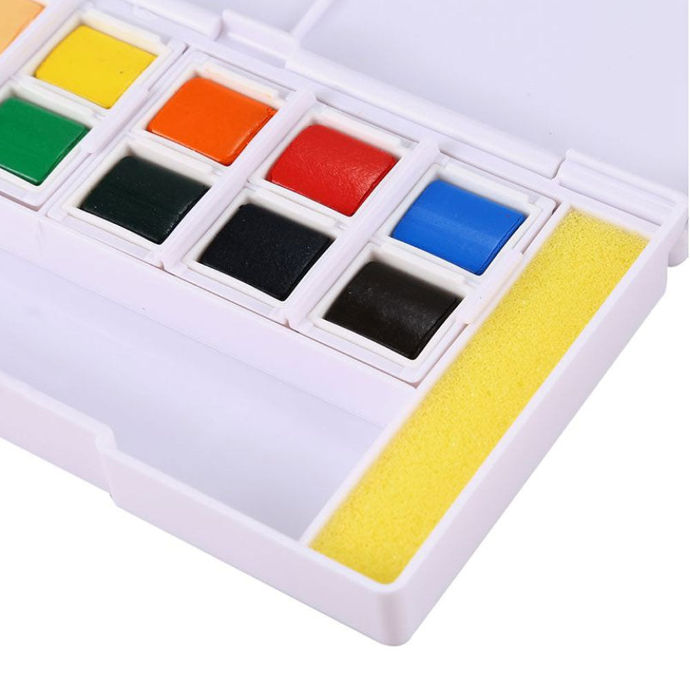 Superior 12 Colors Solid Watercolor Transparent Paints With 1 Painting Brush With Palette And Sponge In Box Set