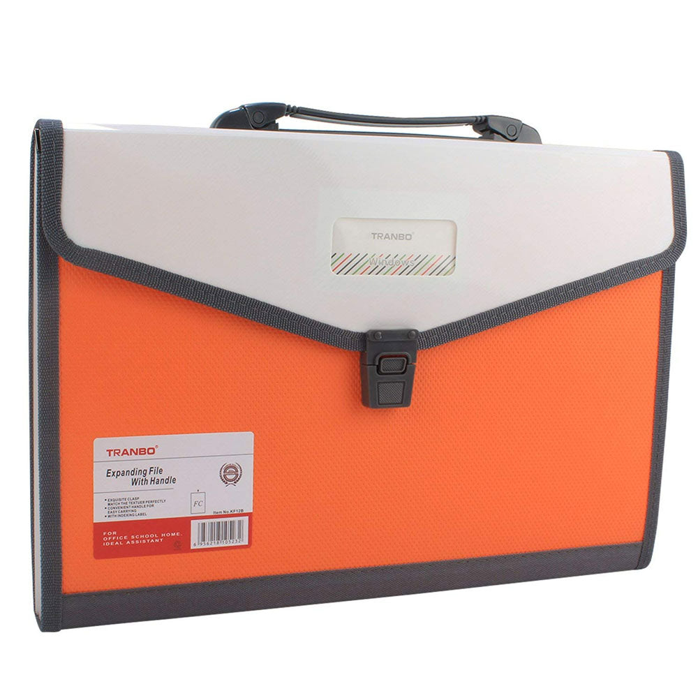 Tranbo Plastic Expanding Bag File Folder With 13 Section Pockets - Orange