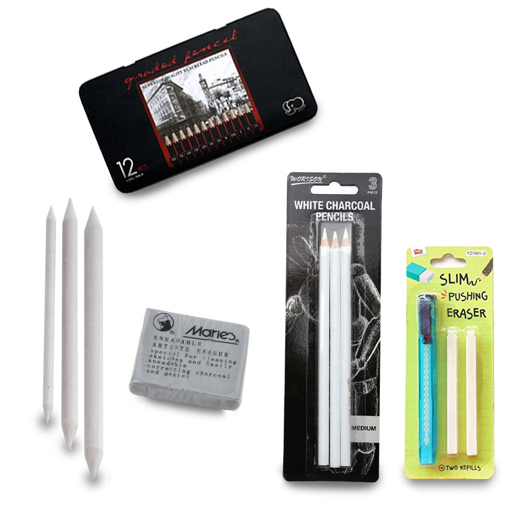 Pack Of 22 Sketch Set Including Sketching Pencils, Blender, Kneadable Eraser, White Charcoal Pencil, Slim Pushing 4B Eraser
