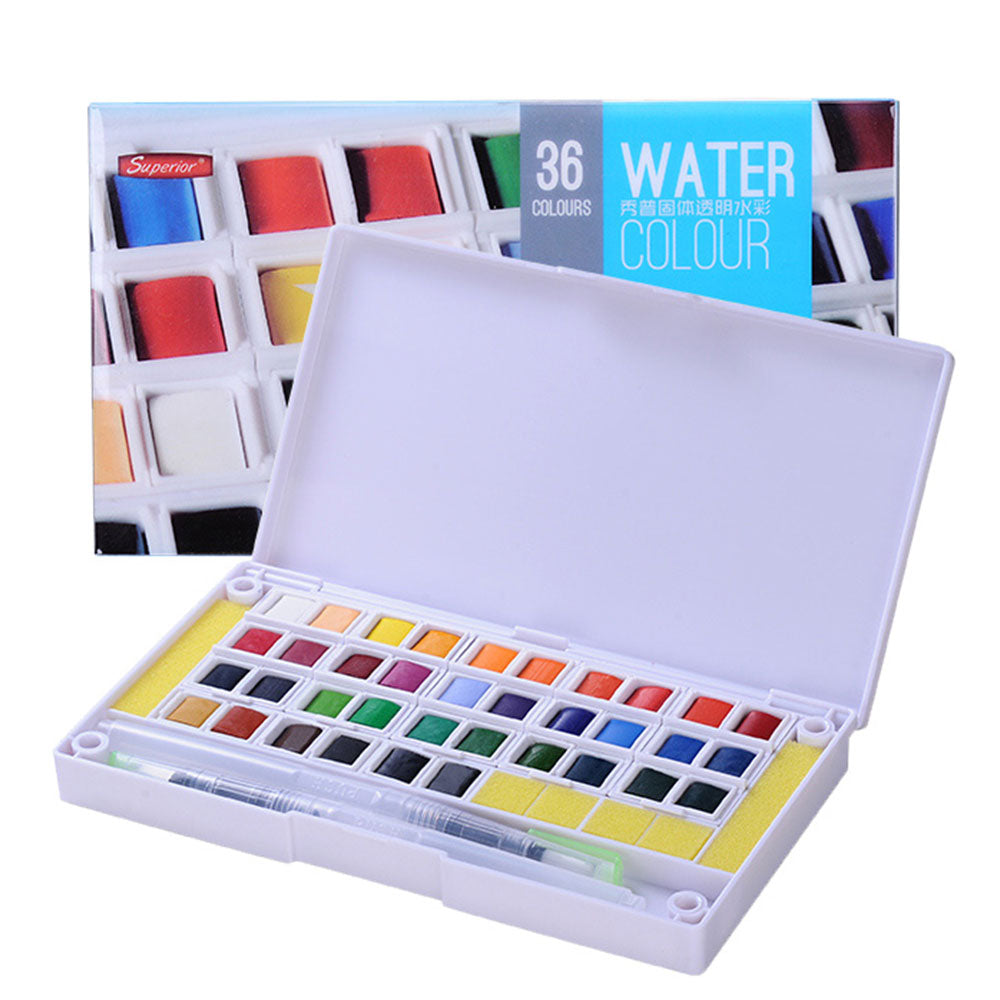 Superior 36 Colors Solid Watercolor Transparent Paints With Two Painting Brushes With Palette And Sponge In Box Set