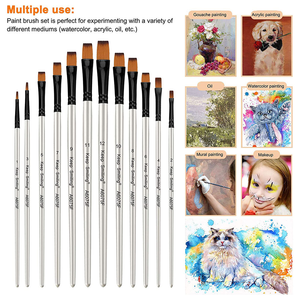 Keep Smiling A6075F 12pcs Flat Paint Brush Set - sizes 1 to 12#