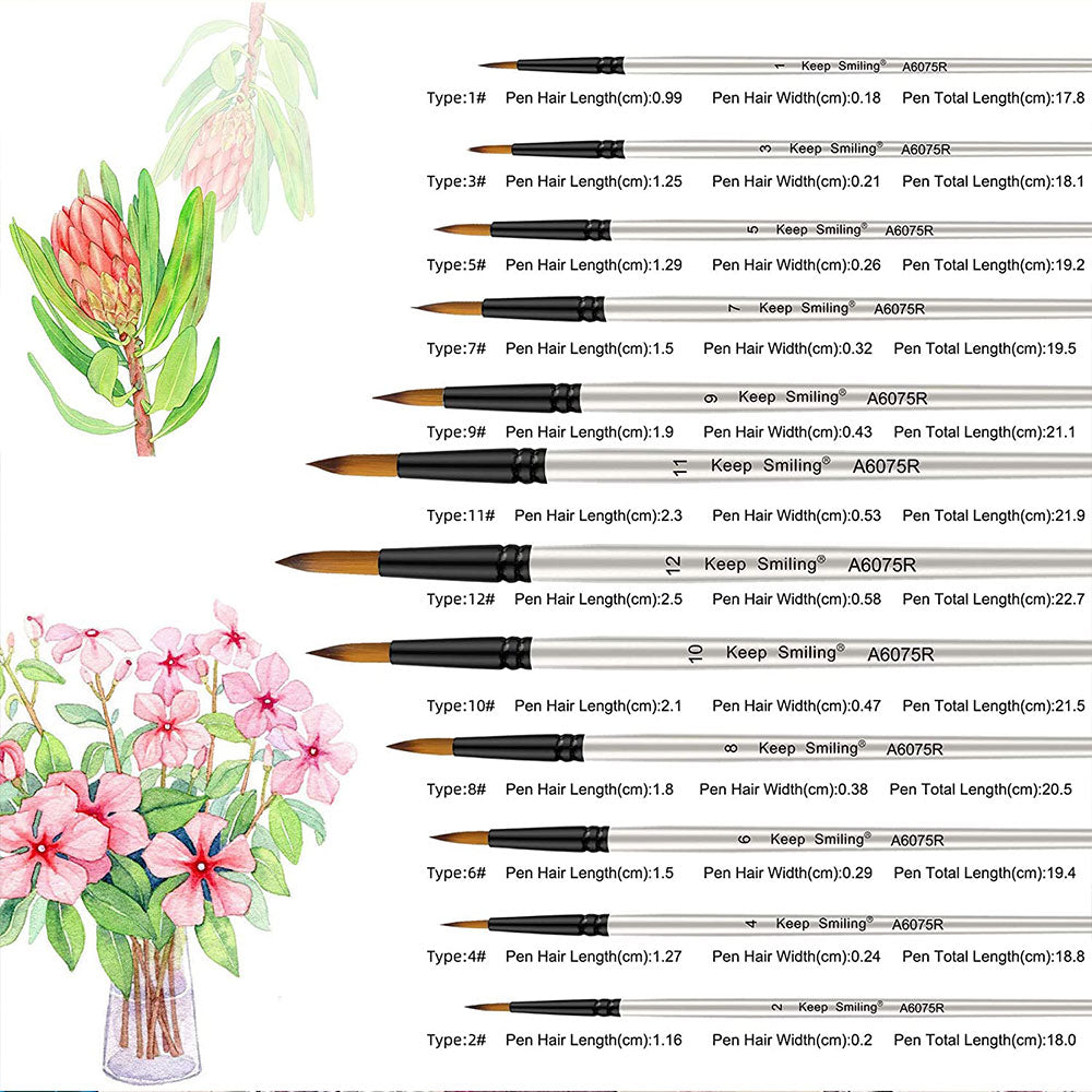 Keep Smiling A6075R 12Pcs Drawing Paint Brush Set Wooden Pointed Tip Round